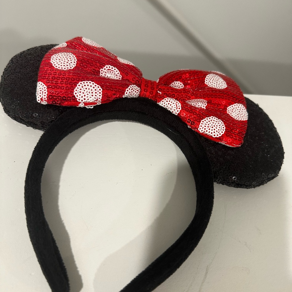 Black Sequin Minnie Mouse Ears Headband with Red Polka Dot Bow